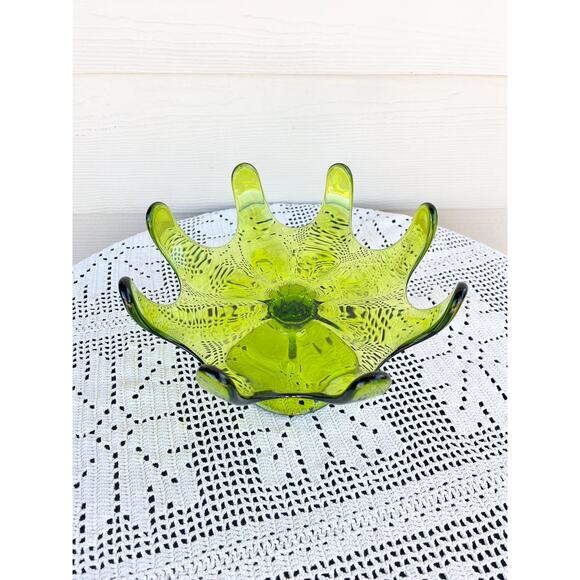 Vintage Viking Green Glass Pedestal Bowl: MCM 8 Petal Dish - Picture 2 of 4